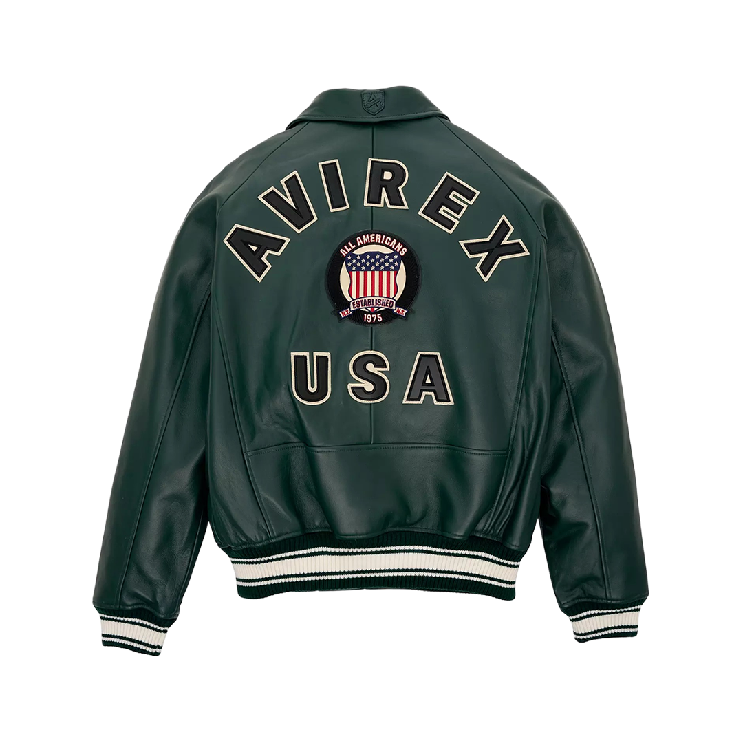 Men’s Avirex Green Bomber American Flight Jacket 100% Real Leather Jacket