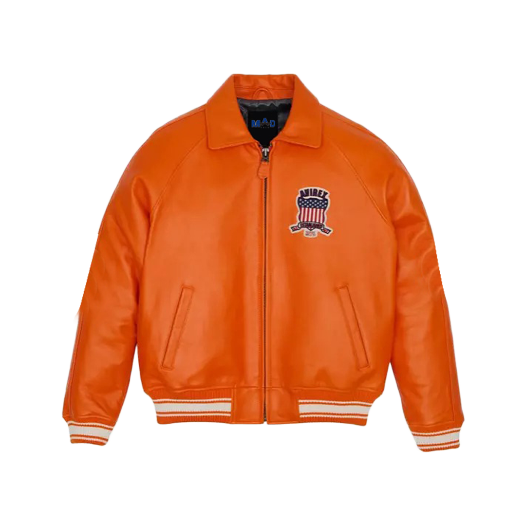 Men’s Avirex Orange Bomber American Flight Jacket 100% Real Leather Jacket