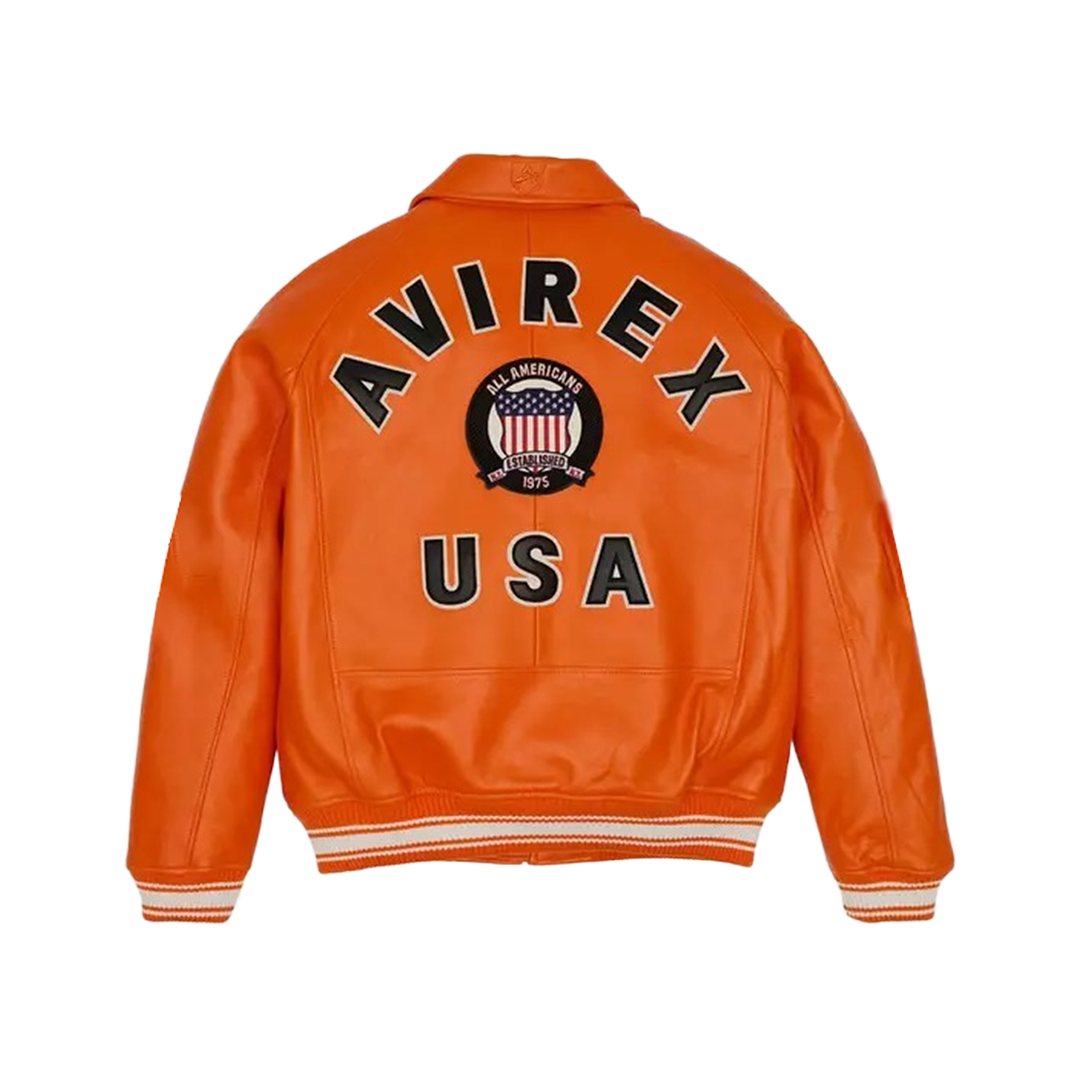 Men’s Avirex Orange Bomber American Flight Jacket 100% Real Leather Jacket