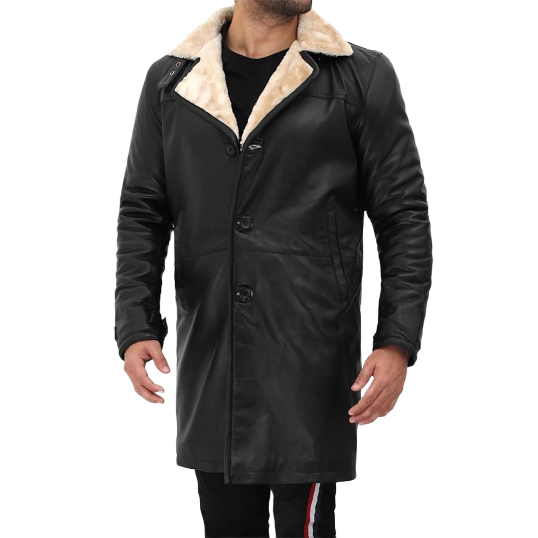 Men Beige Black Leather Shearling Coat