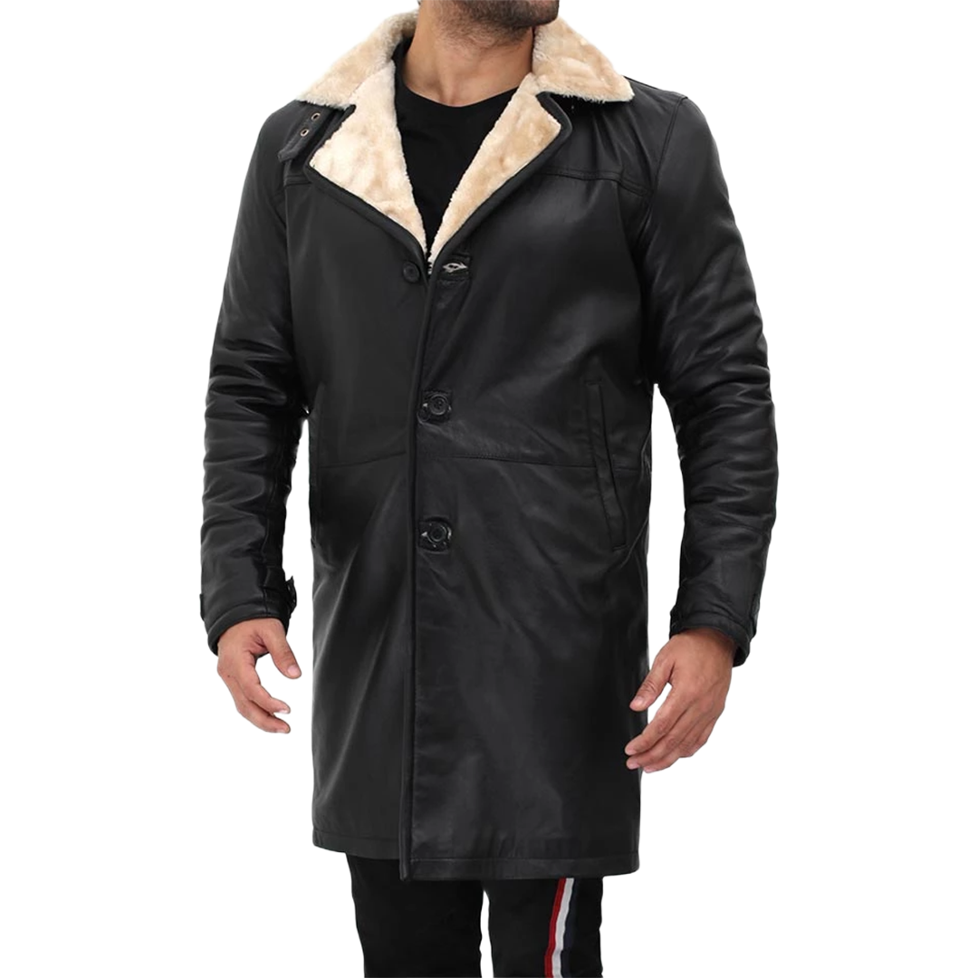 Men Beige Black Leather Shearling Coat