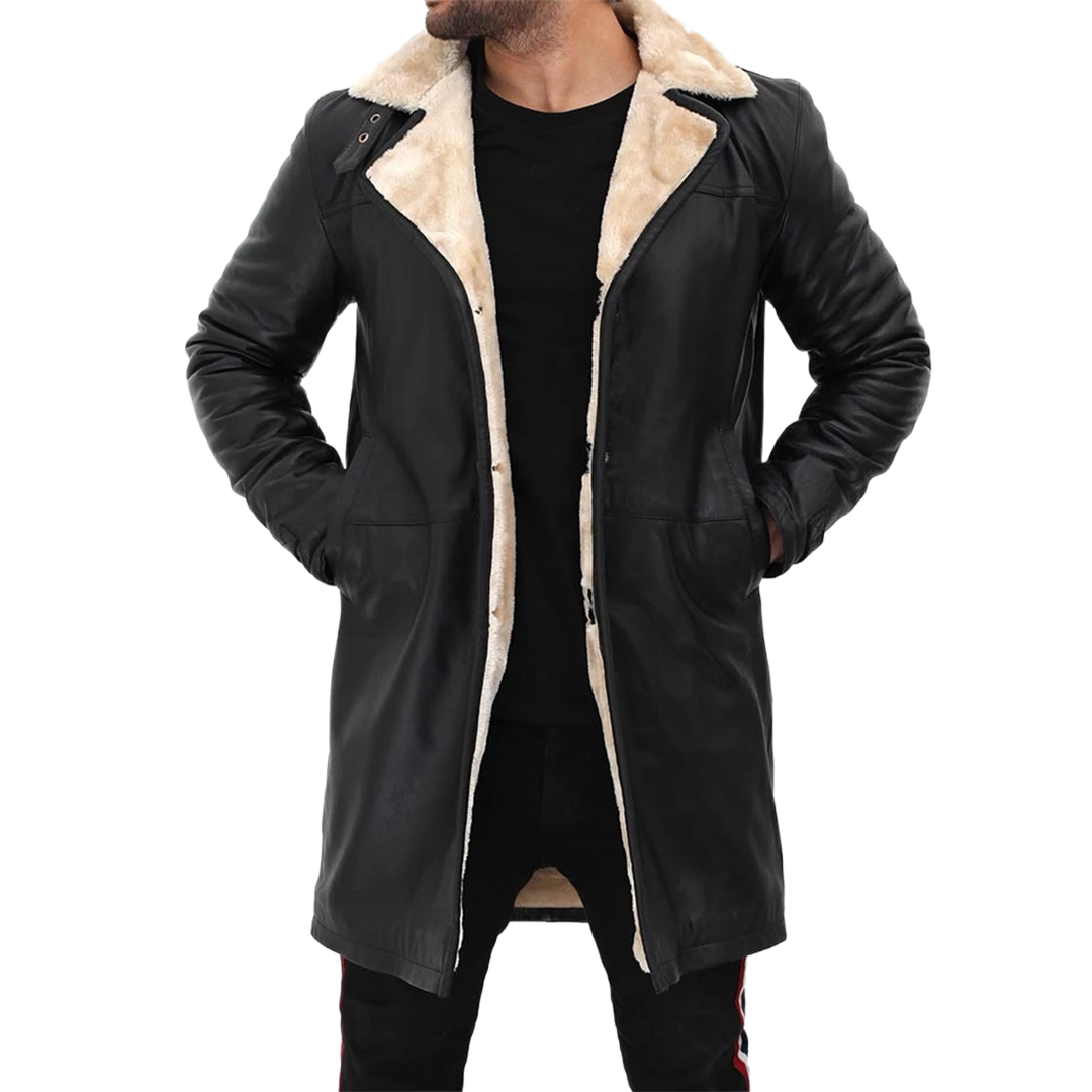 Men Beige Black Leather Shearling Coat