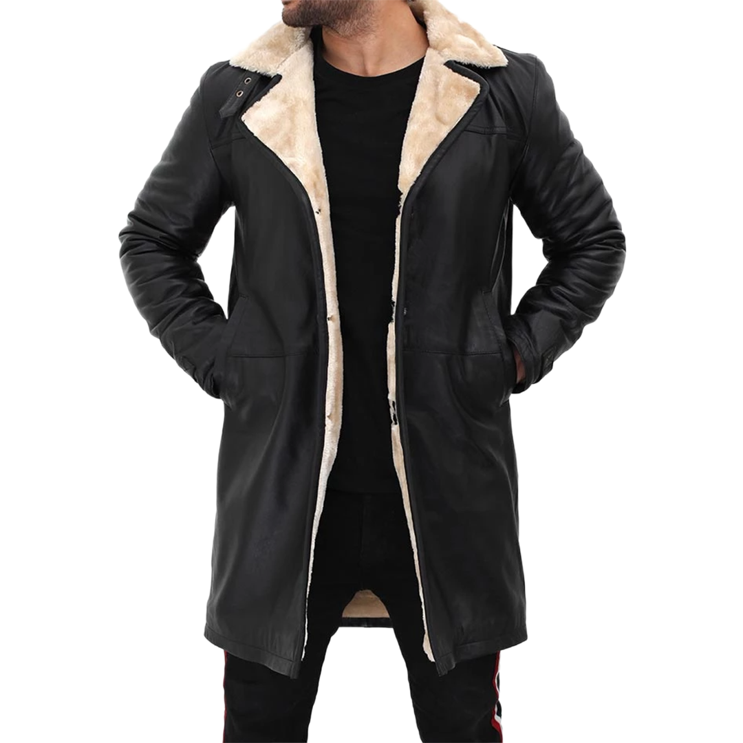 Men Beige Black Leather Shearling Coat