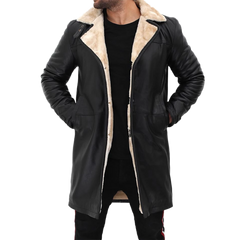Men Beige Black Leather Shearling Coat