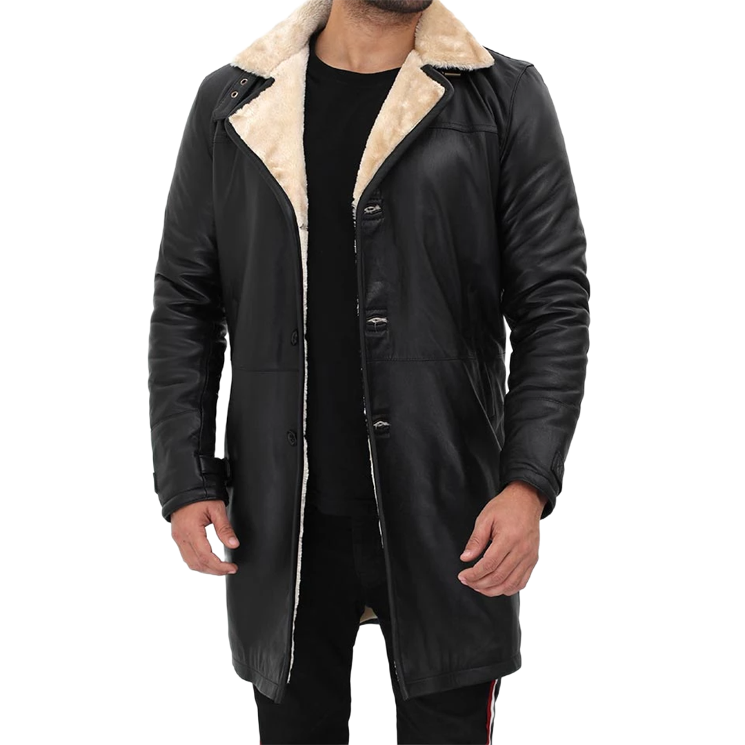 Men Beige Black Leather Shearling Coat