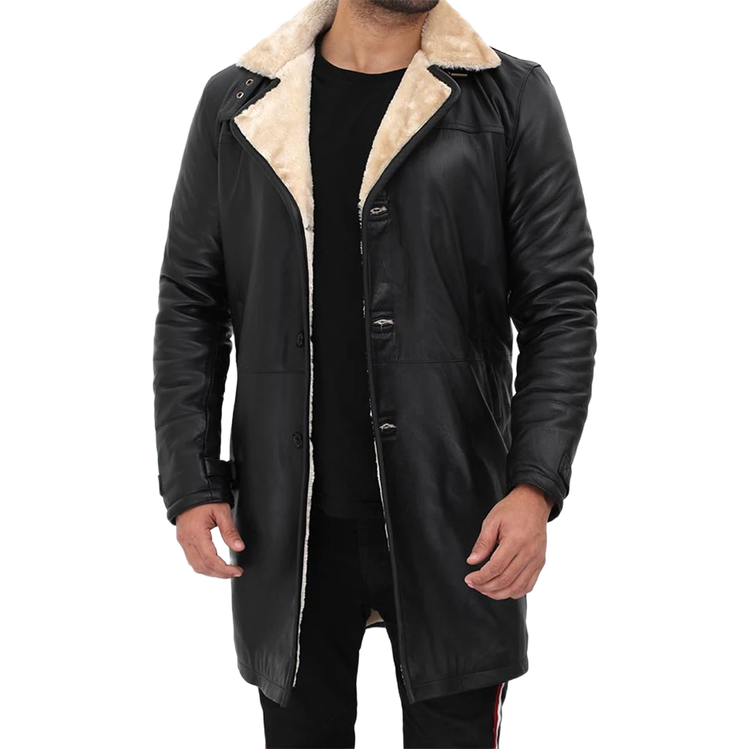 Men Beige Black Leather Shearling Coat