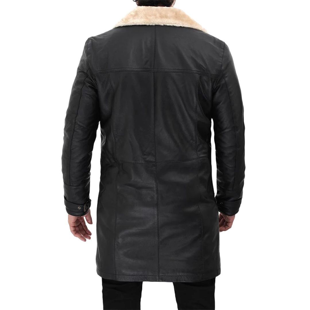 Men Beige Black Leather Shearling Coat