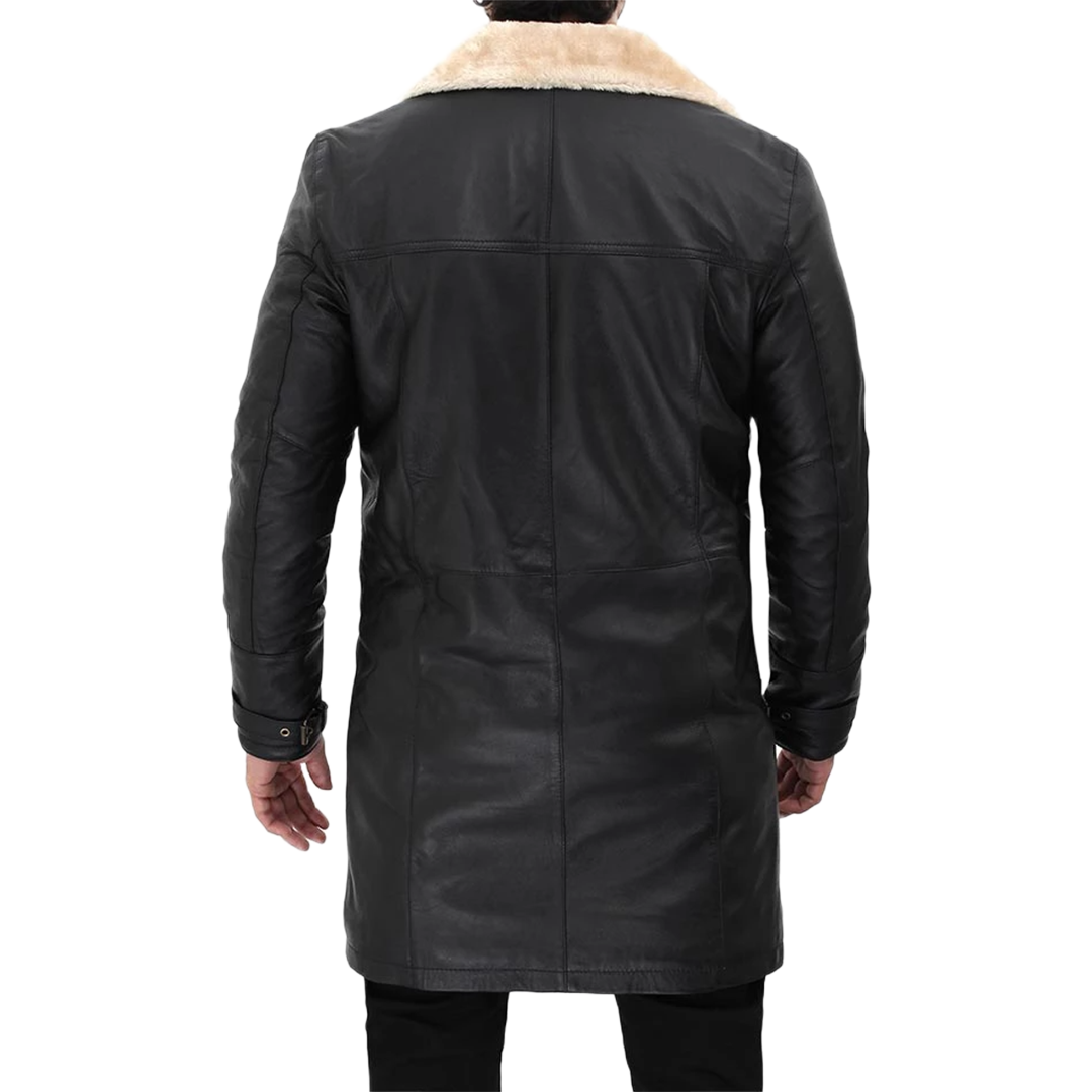 Men Beige Black Leather Shearling Coat