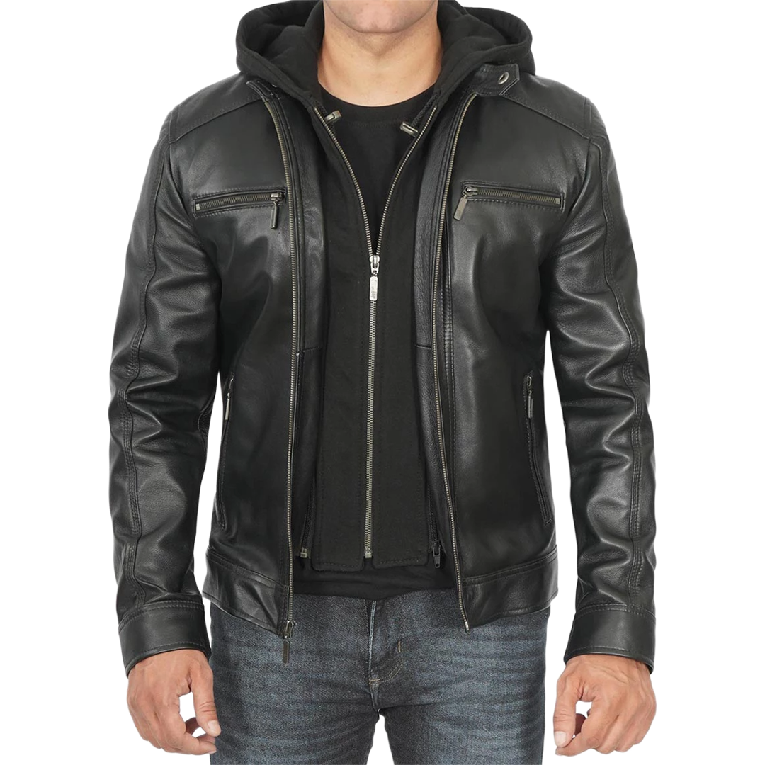 Men Black Leather Racer Jacket with Removable Hoodie
