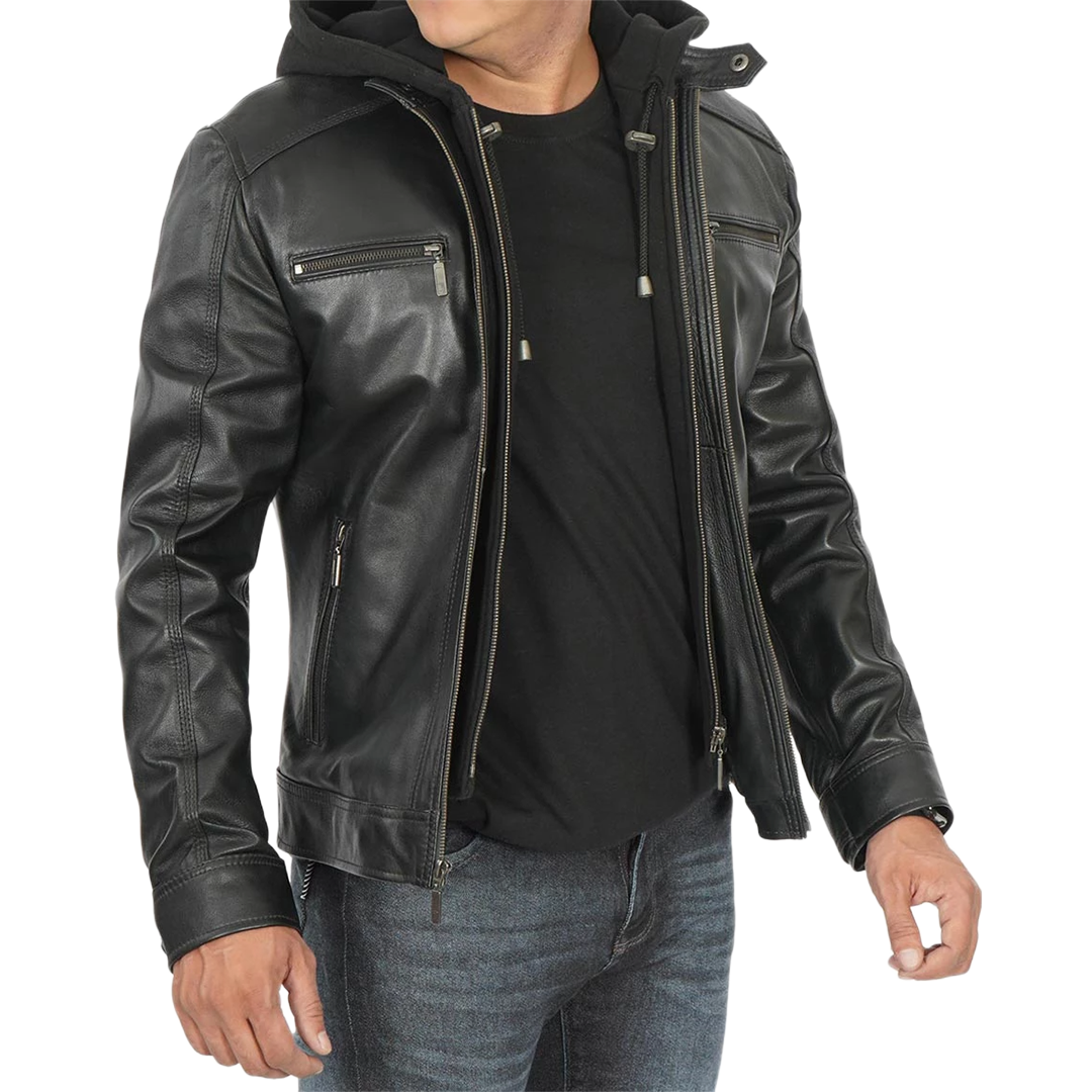 Men Black Leather Racer Jacket with Removable Hoodie