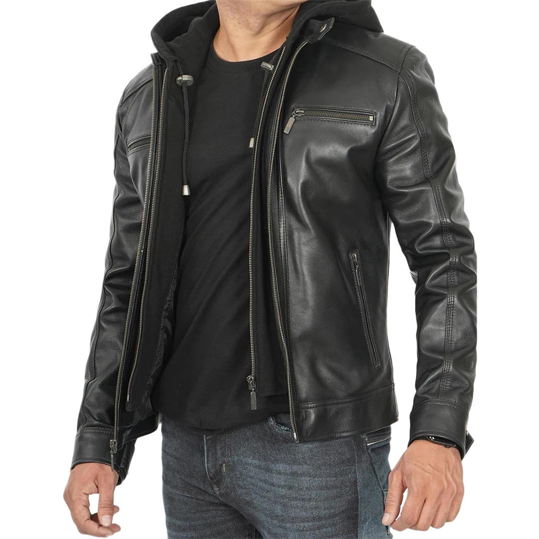 Men Black Leather Racer Jacket with Removable Hoodie