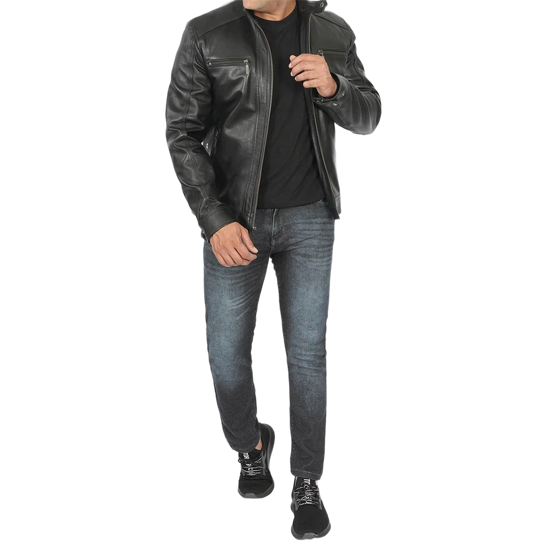 Men Black Leather Racer Jacket with Removable Hoodie