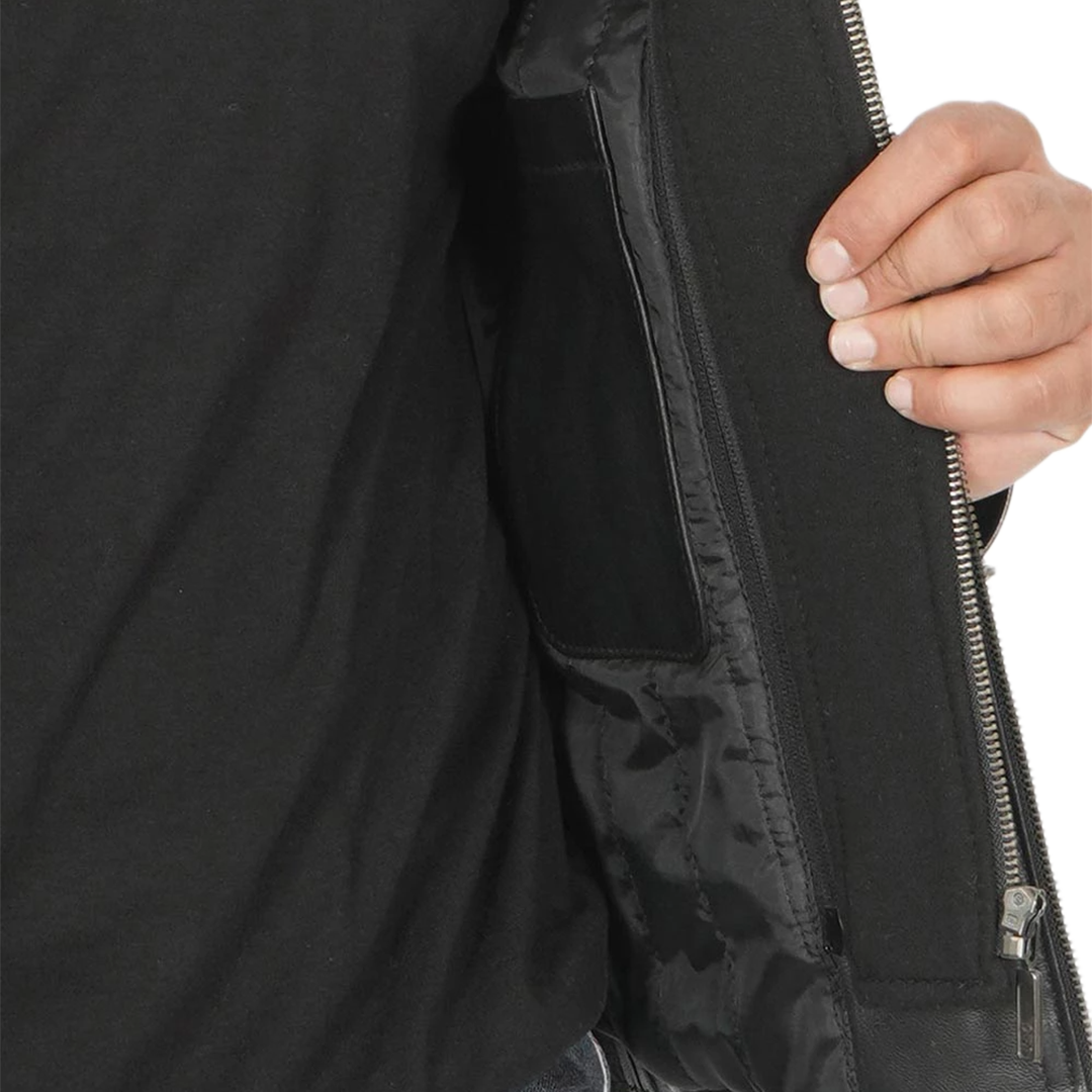 Men Black Leather Racer Jacket with Removable Hoodie