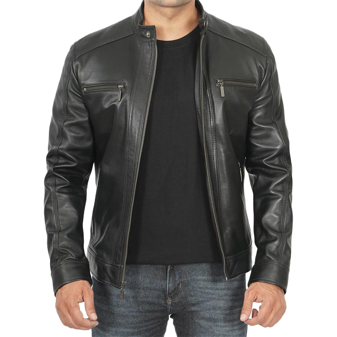 Men Black Leather Racer Jacket with Removable Hoodie