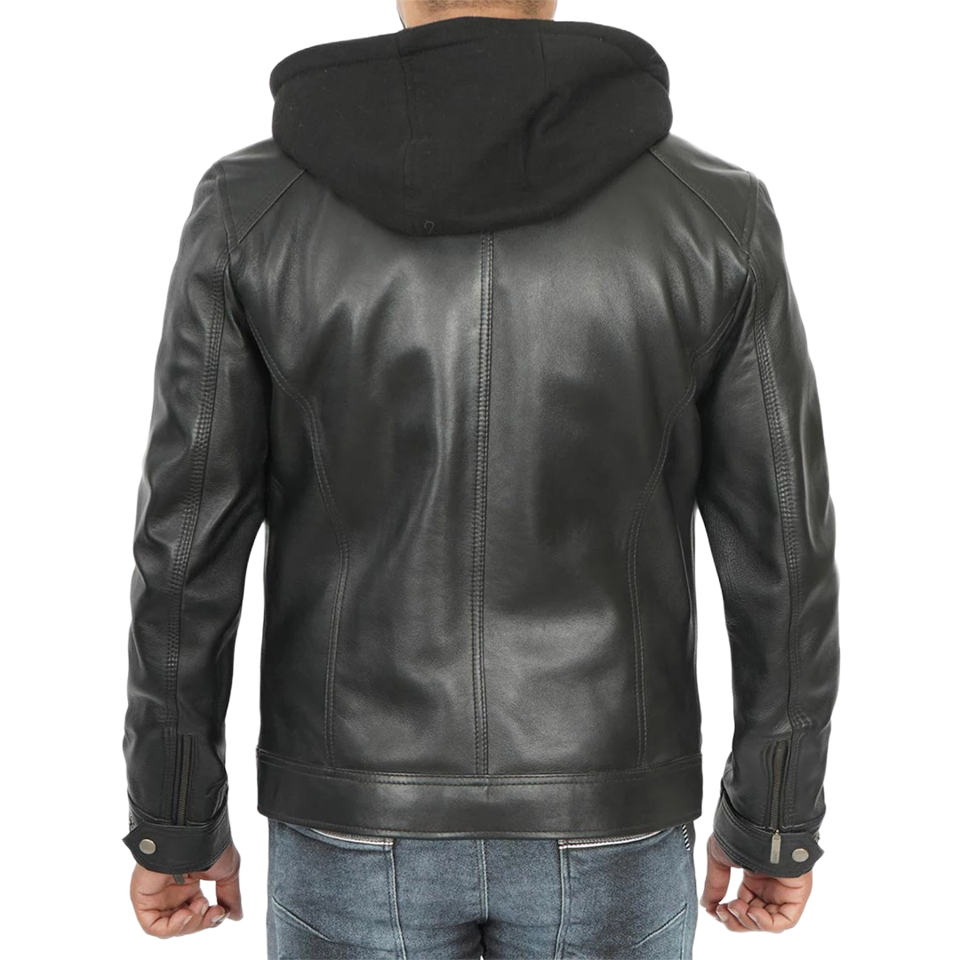 Men Black Leather Racer Jacket with Removable Hoodie