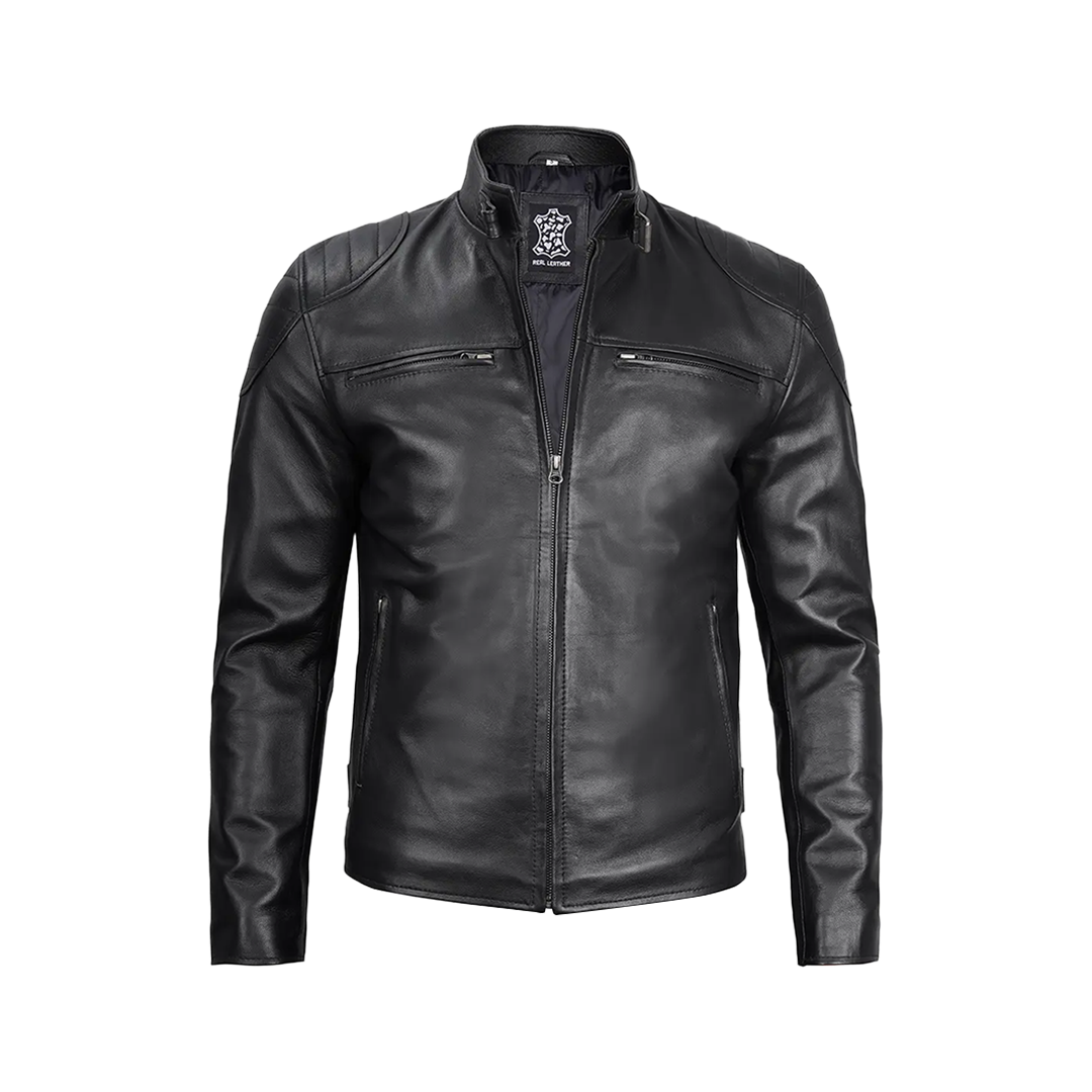 Men Black Real Leather Cafe Racer Jacket