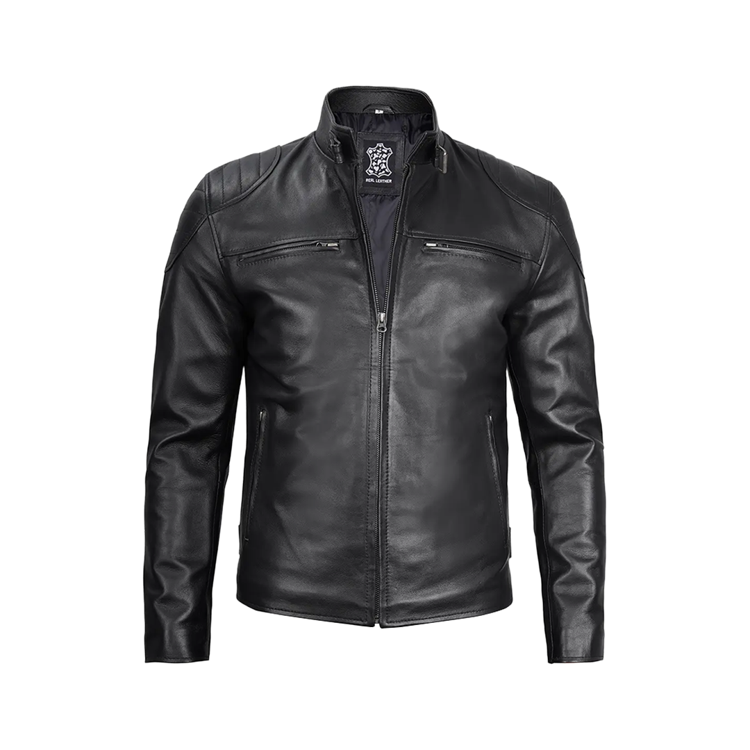 Men Black Real Leather Cafe Racer Jacket