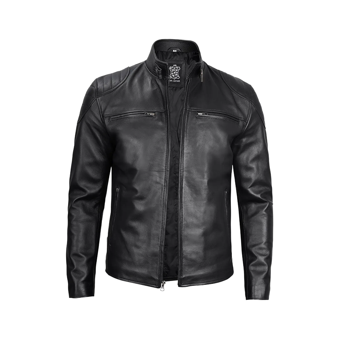 Men Black Real Leather Cafe Racer Jacket