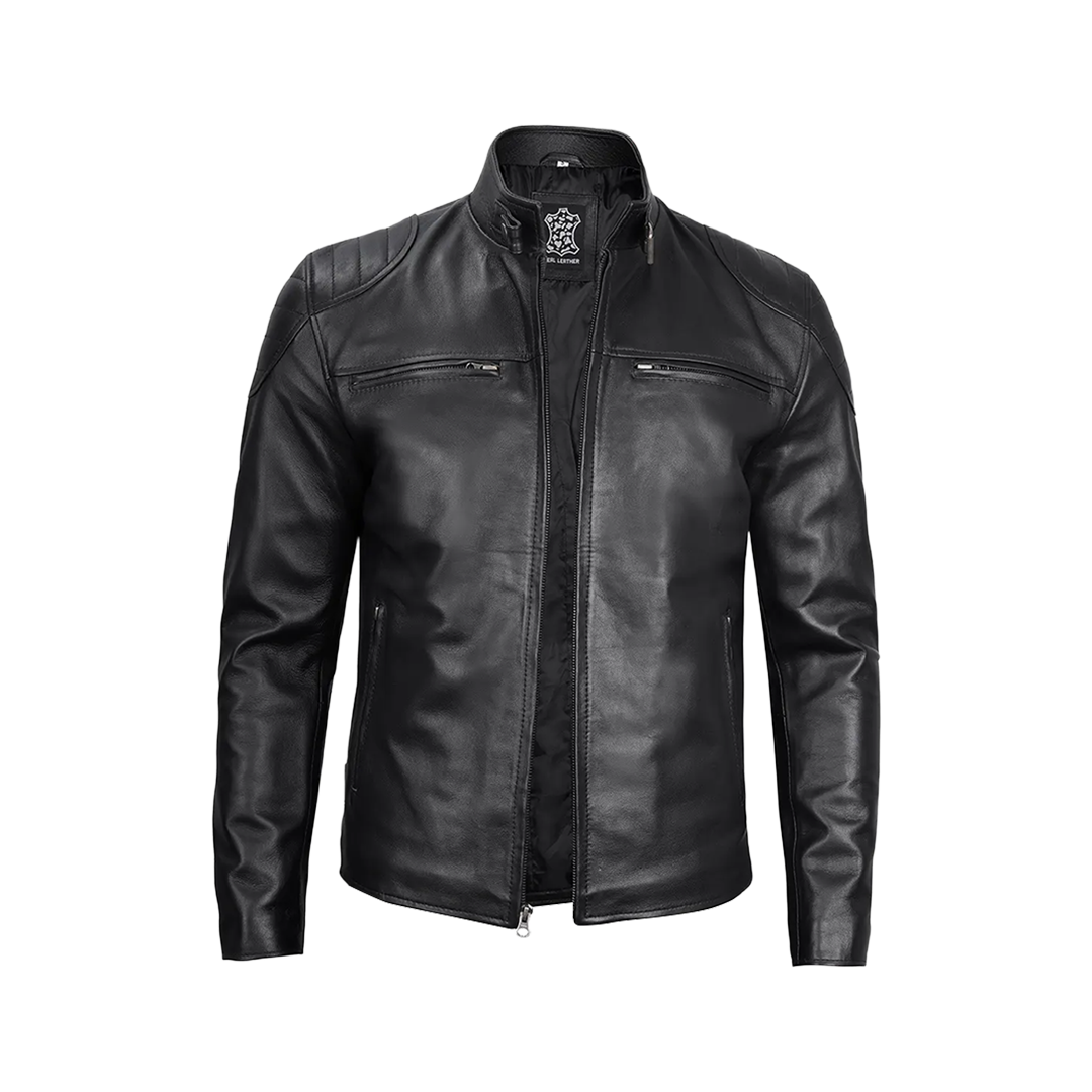 Men Black Real Leather Cafe Racer Jacket