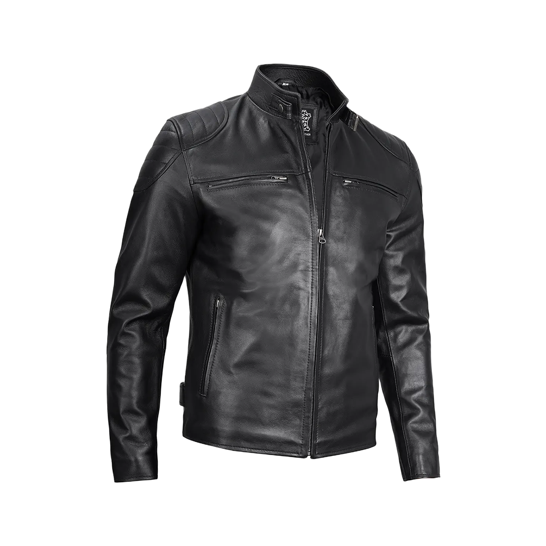 Men Black Real Leather Cafe Racer Jacket