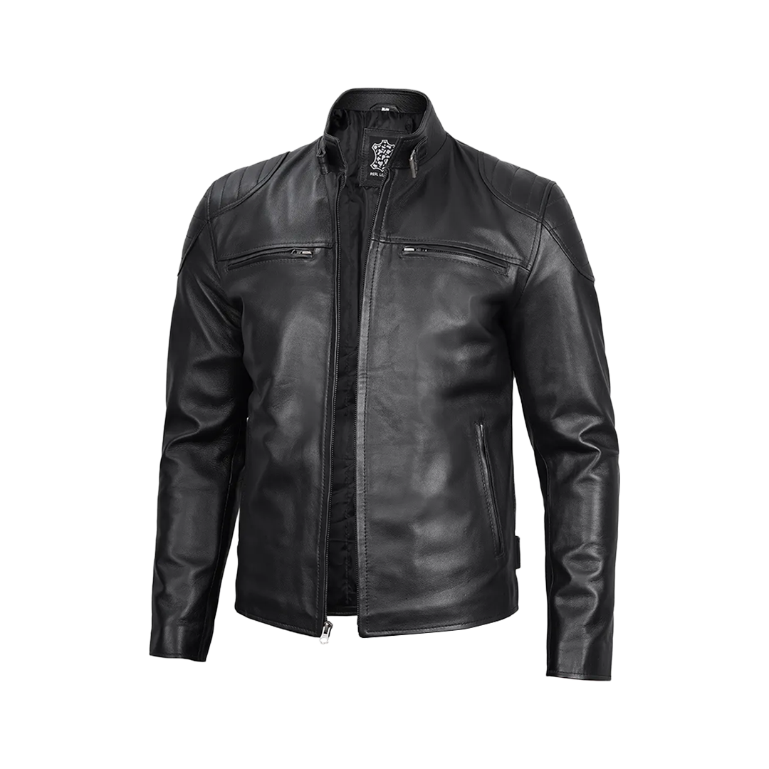 Men Black Real Leather Cafe Racer Jacket