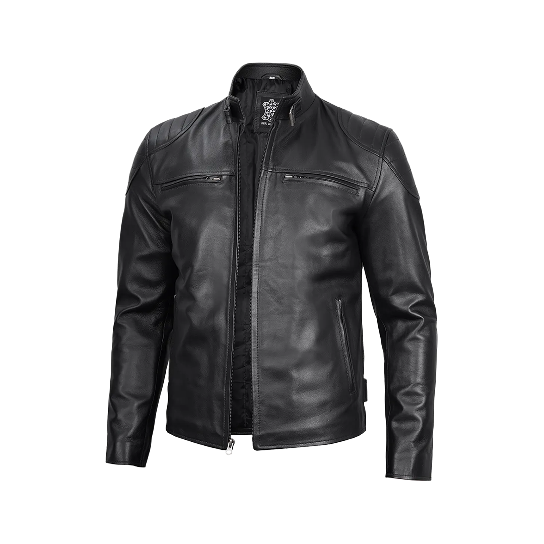 Men Black Real Leather Cafe Racer Jacket