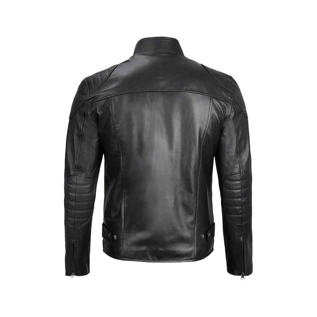Men Black Real Leather Cafe Racer Jacket