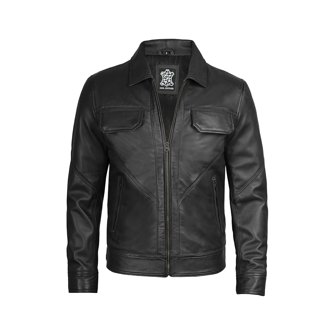 Men Black Shirt Collar Harrington Real Leather Jacket
