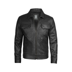 Men Black Shirt Collar Harrington Real Leather Jacket