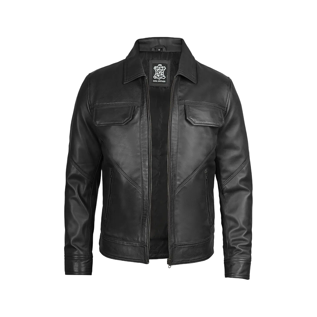 Men Black Shirt Collar Harrington Real Leather Jacket