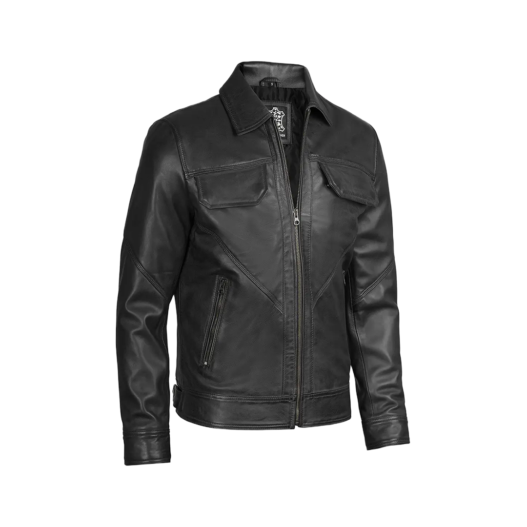 Men Black Shirt Collar Harrington Real Leather Jacket