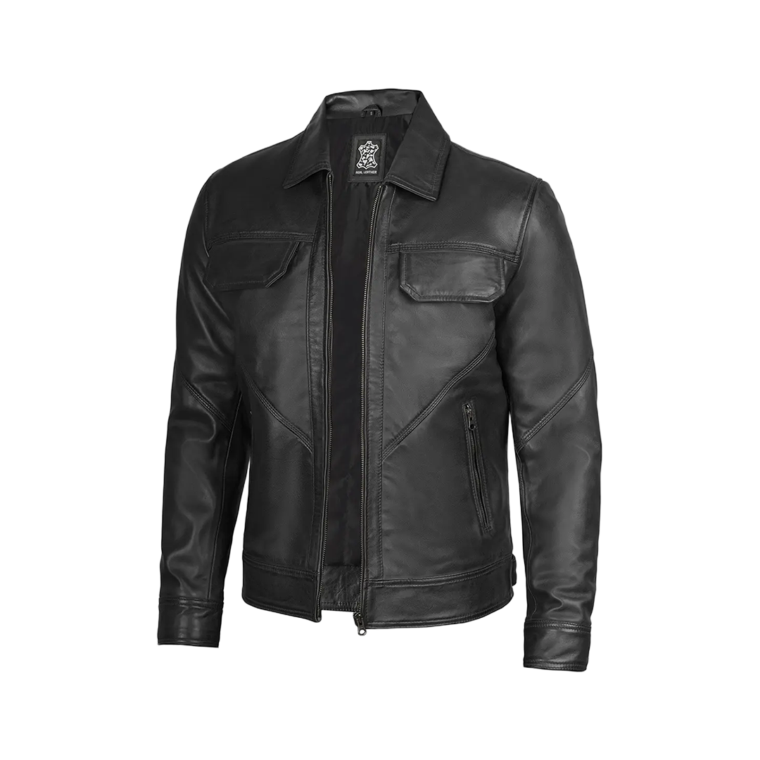 Men Black Shirt Collar Harrington Real Leather Jacket