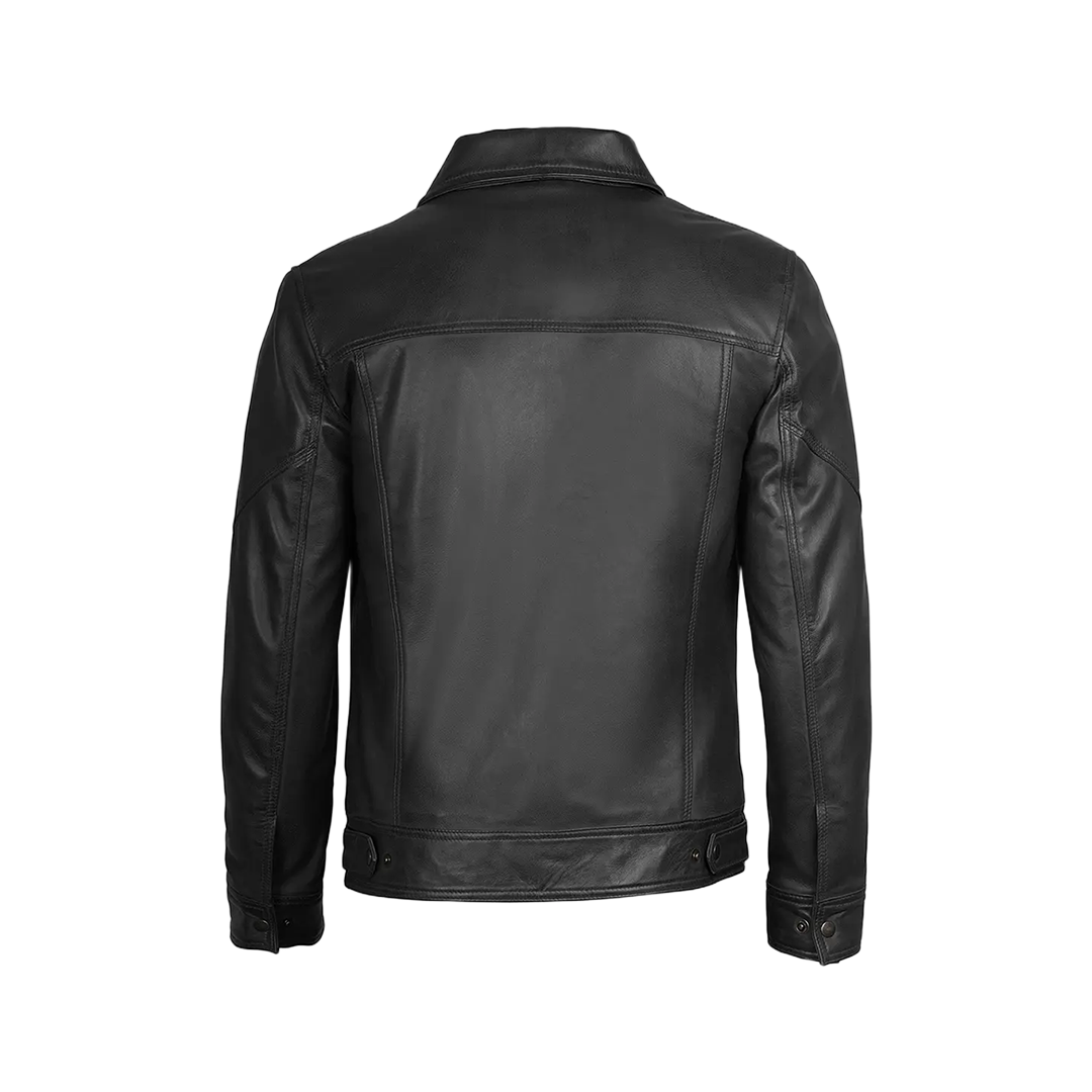Men Black Shirt Collar Harrington Real Leather Jacket