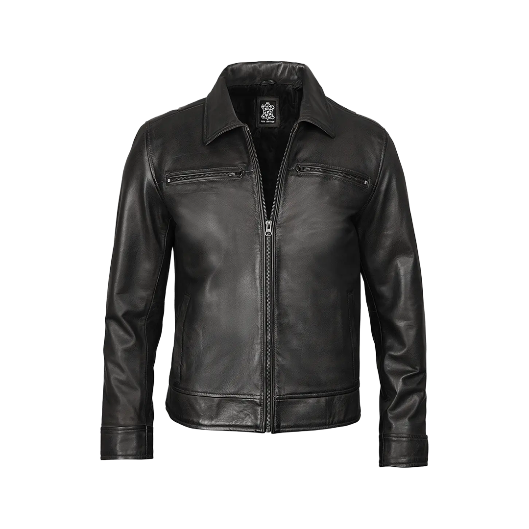 Men Black Shirt Collar Leather Jacket — Harrington Style