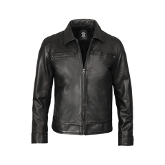 Men Black Shirt Collar Leather Jacket — Harrington Style
