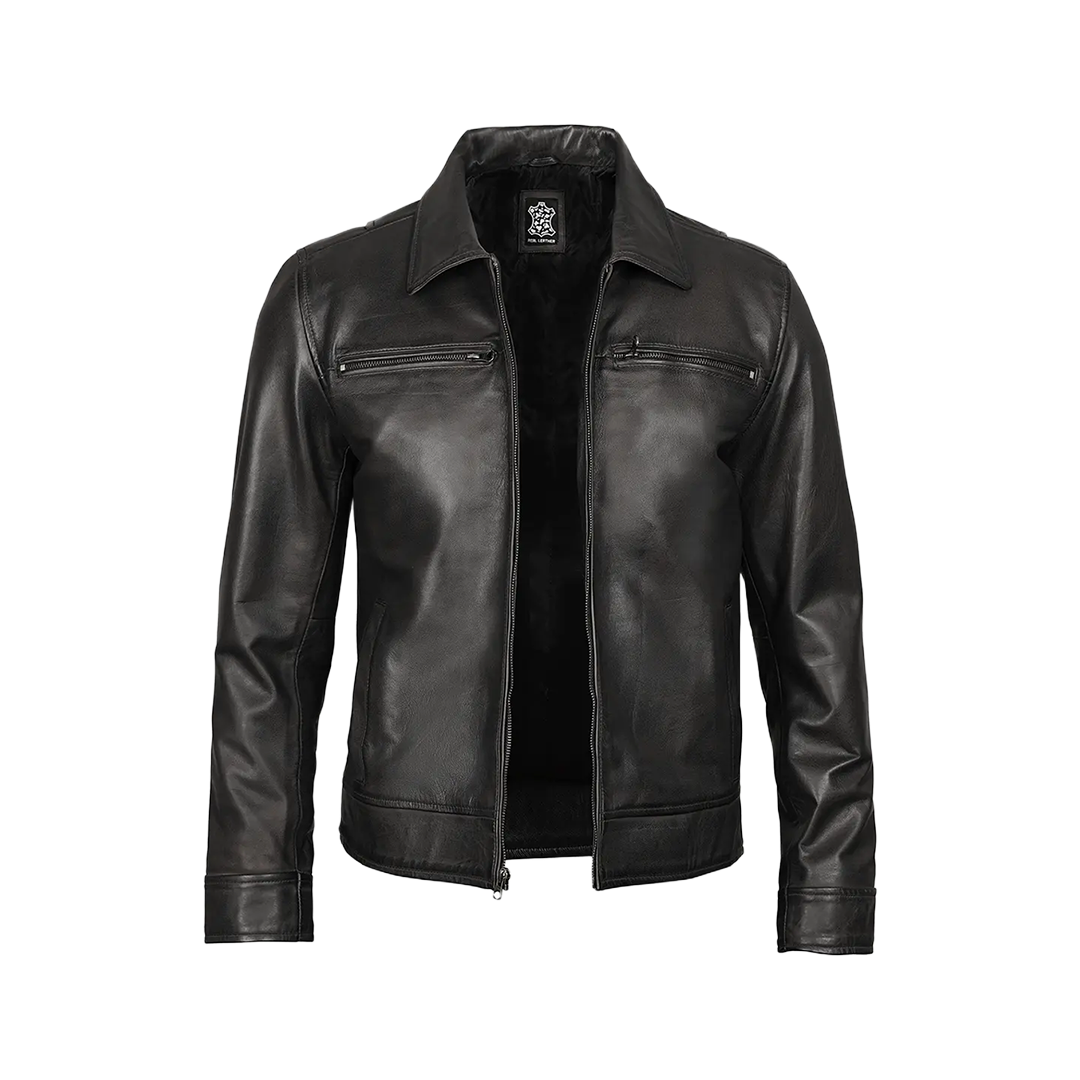 Men Black Shirt Collar Leather Jacket — Harrington Style