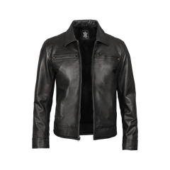 Men Black Shirt Collar Leather Jacket — Harrington Style