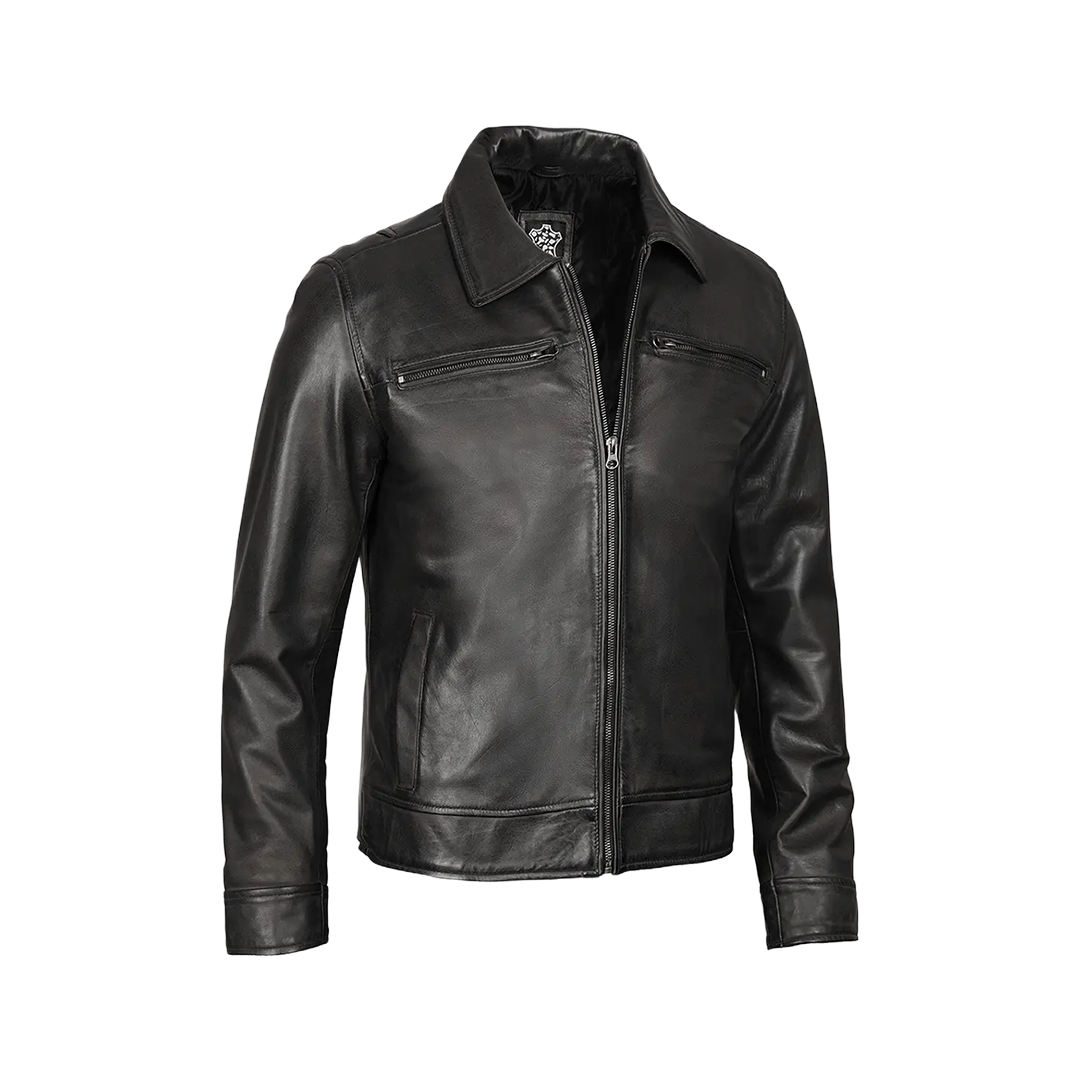 Men Black Shirt Collar Leather Jacket — Harrington Style