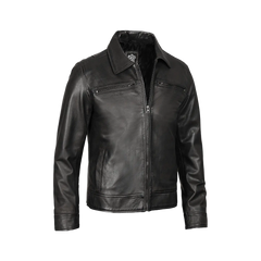 Men Black Shirt Collar Leather Jacket — Harrington Style