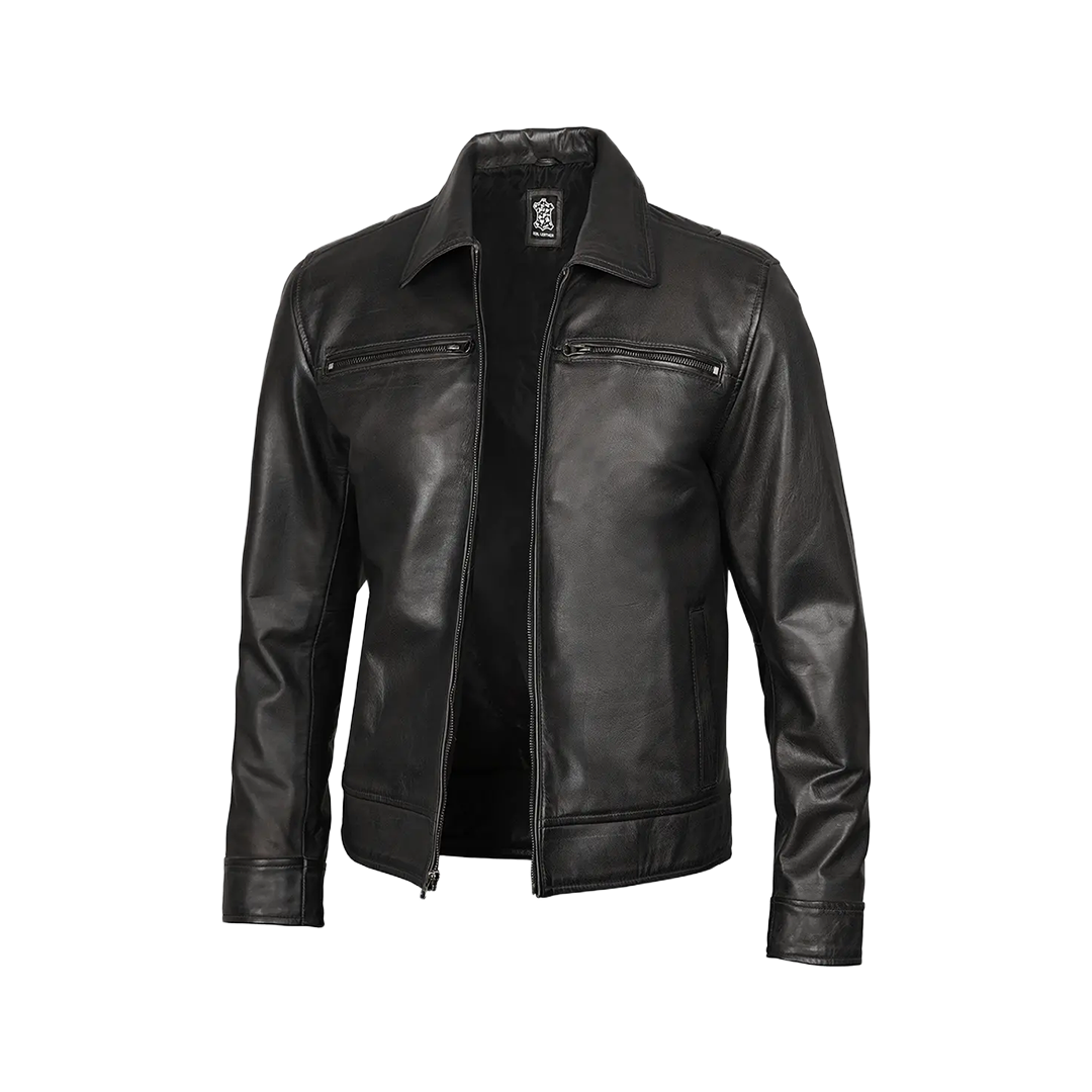 Men Black Shirt Collar Leather Jacket — Harrington Style