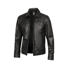 Men Black Shirt Collar Leather Jacket — Harrington Style