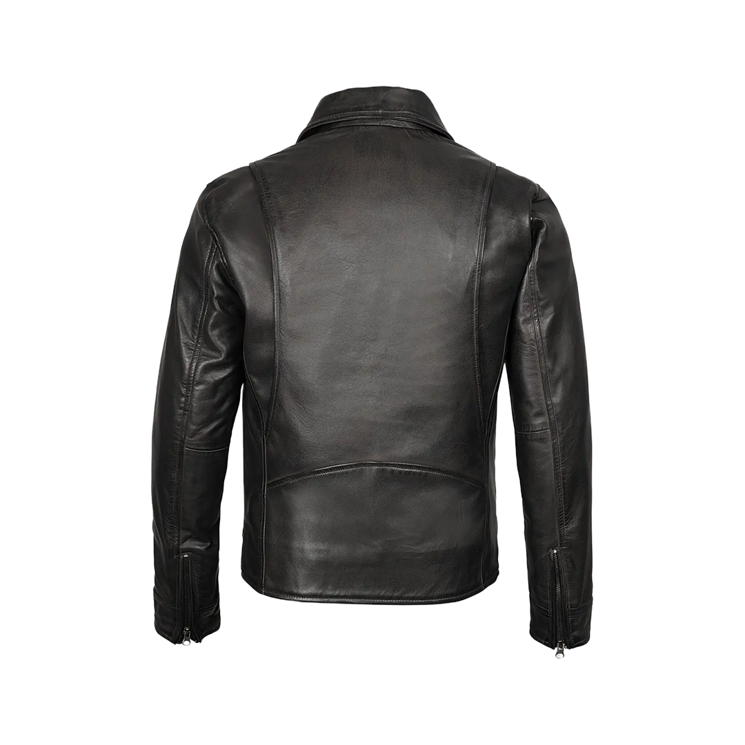 Men Black Shirt Collar Leather Jacket — Harrington Style