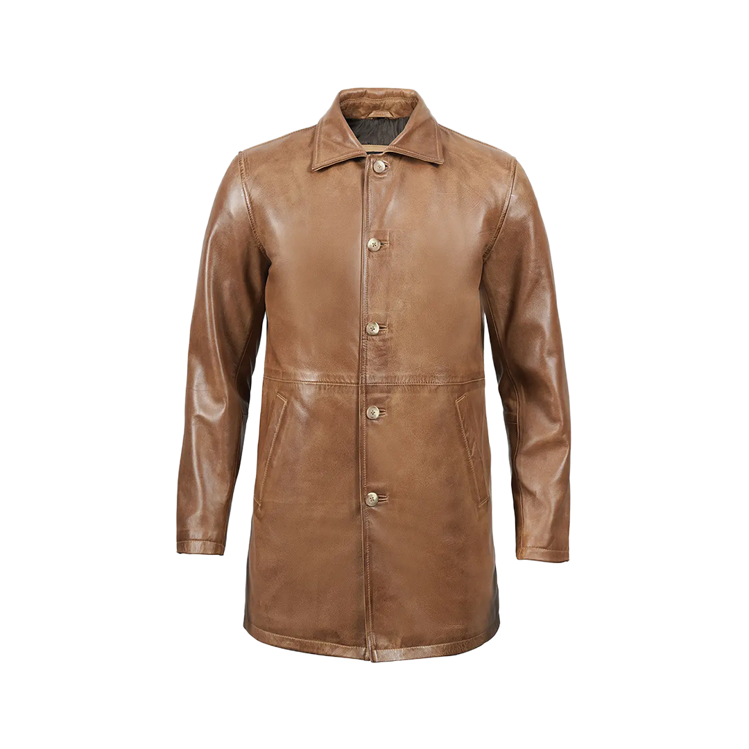 Men Camel Brown Tall Real Leather 3/4 Car Coat
