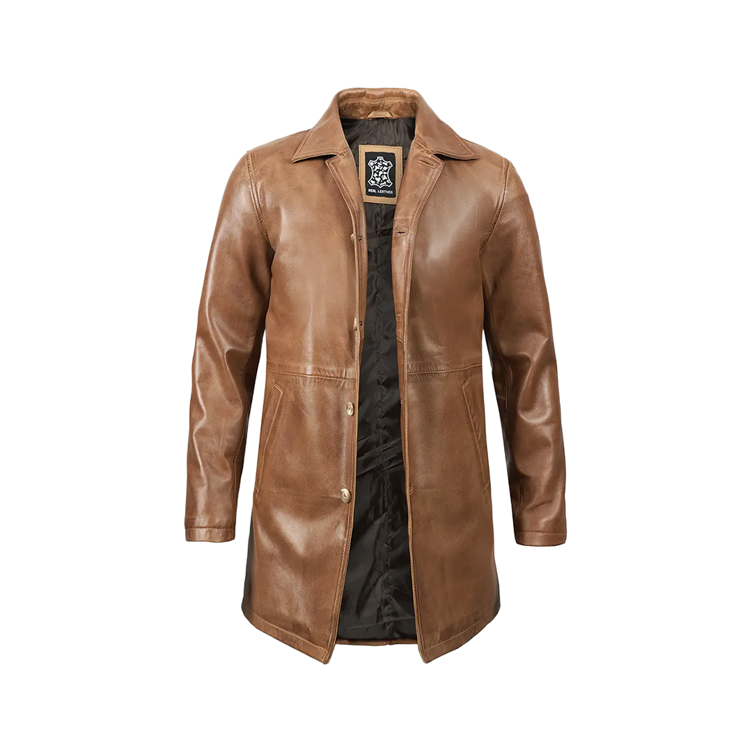 Men Camel Brown Tall Real Leather 3/4 Car Coat