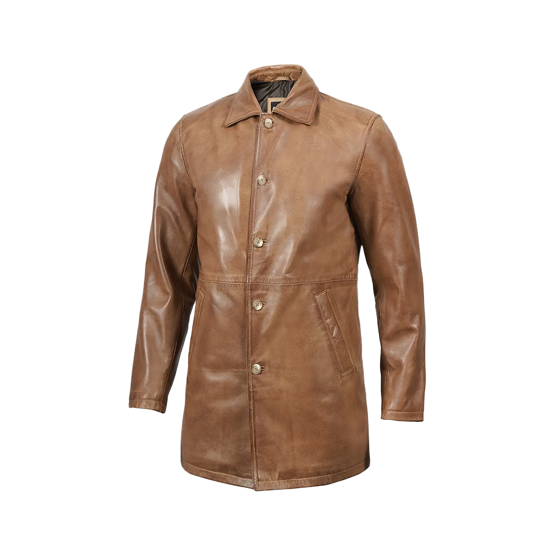 Men Camel Brown Tall Real Leather 3/4 Car Coat