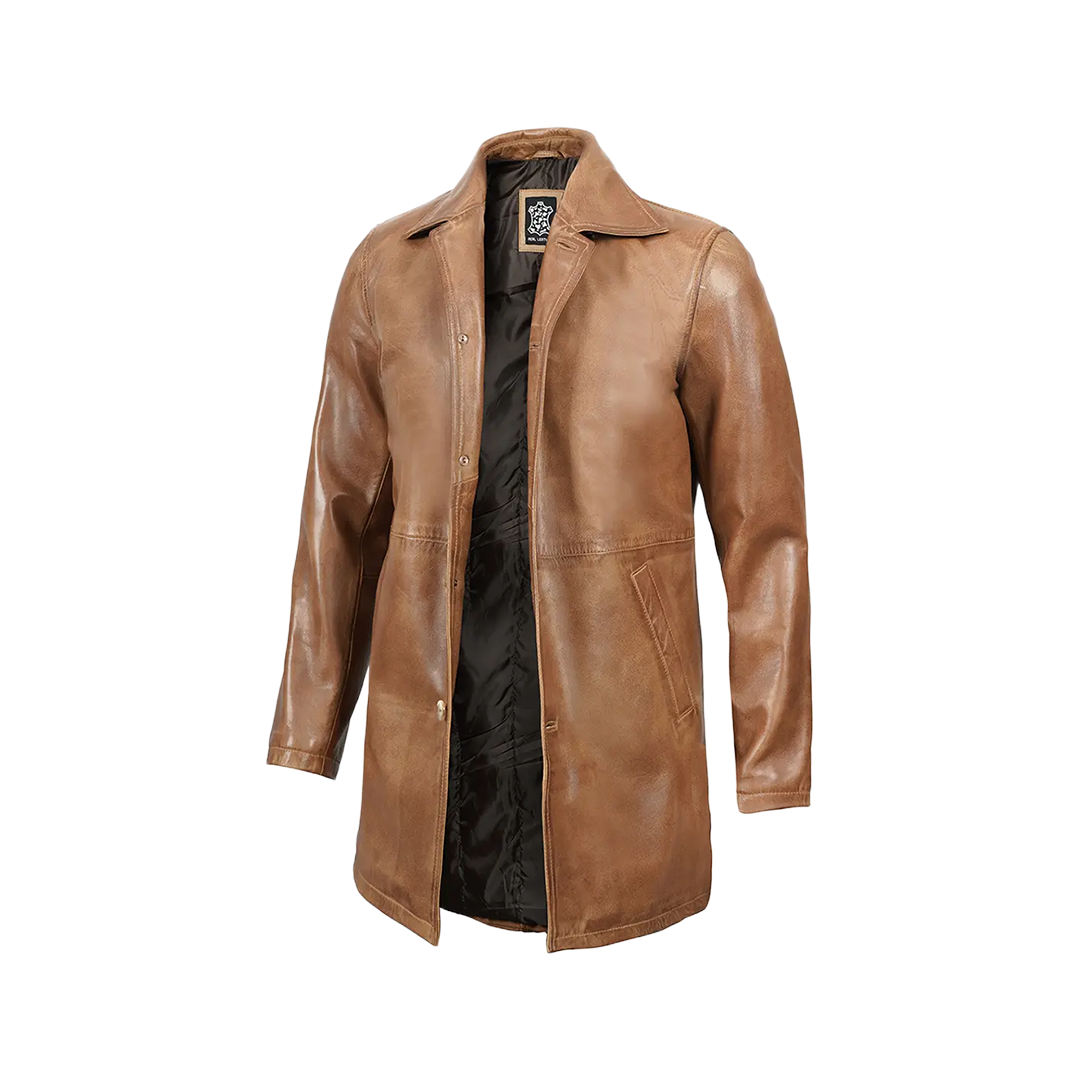 Men Camel Brown Tall Real Leather 3/4 Car Coat