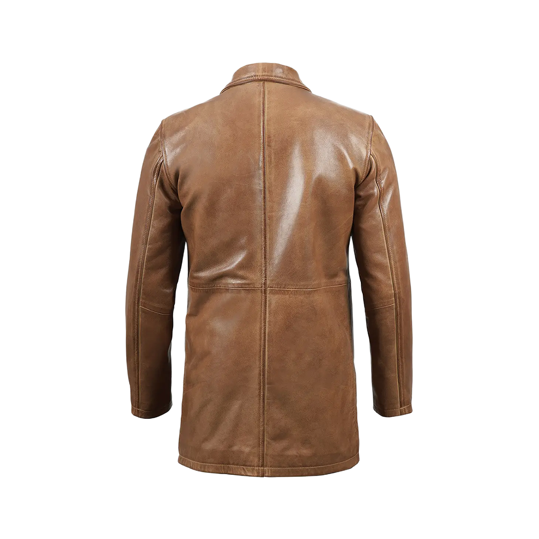 Men Camel Brown Tall Real Leather 3/4 Car Coat