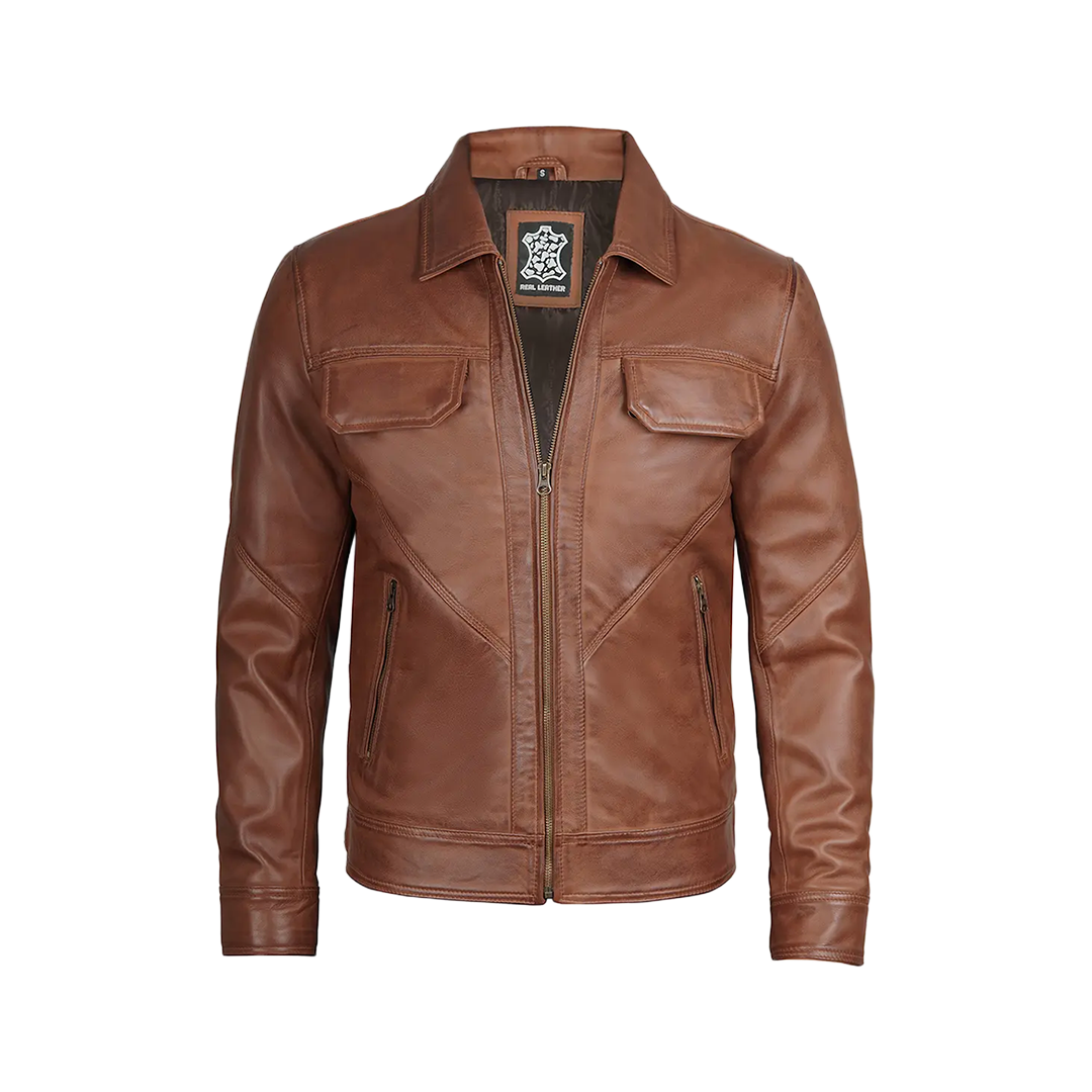 Men Cognac Brown Shirt Collar Harrington Leather Jacket