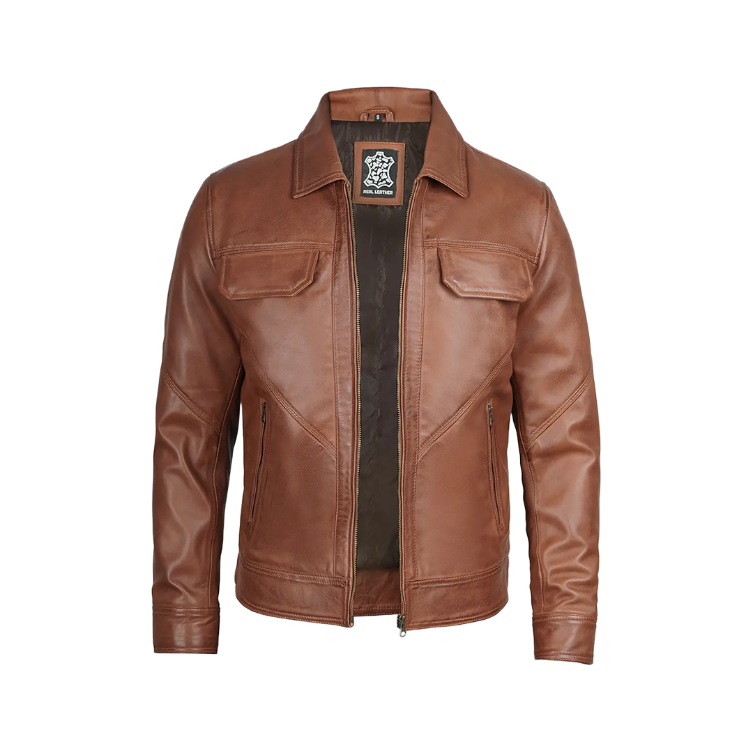 Men Cognac Brown Shirt Collar Harrington Leather Jacket