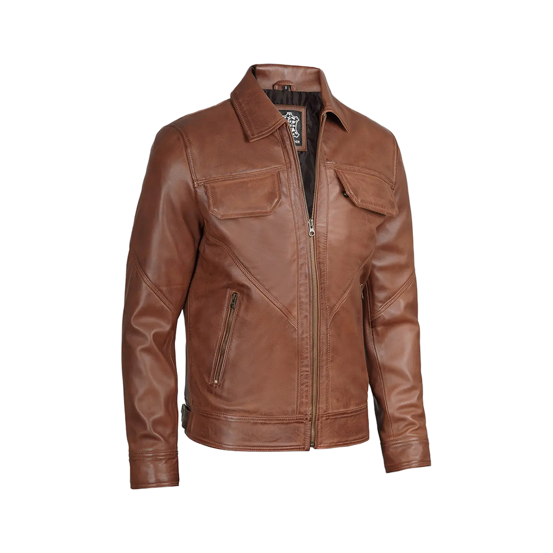 Men Cognac Brown Shirt Collar Harrington Leather Jacket